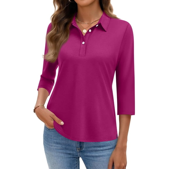 KDDYLITQ Womens Polo Shirt 3-Button Collared Tops 3/4 Sleeve Casual Gym Shirts Business Golf Spring T Shirt Purple XL