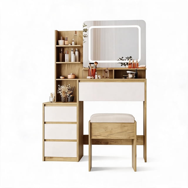 Makeup Vanity Desk with Lights, 23.6" x 25.8" HD Lighted Mirror, Vanity Table with 3 Color Modes