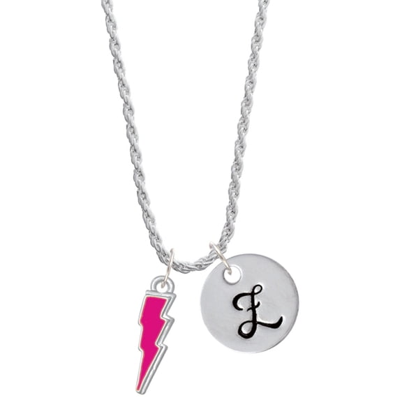 Delight Jewelry Silvertone Hot Pink Lightning Bolt Silvertone Script Initial Disc - Z - Charm Necklace, 20"+3"
