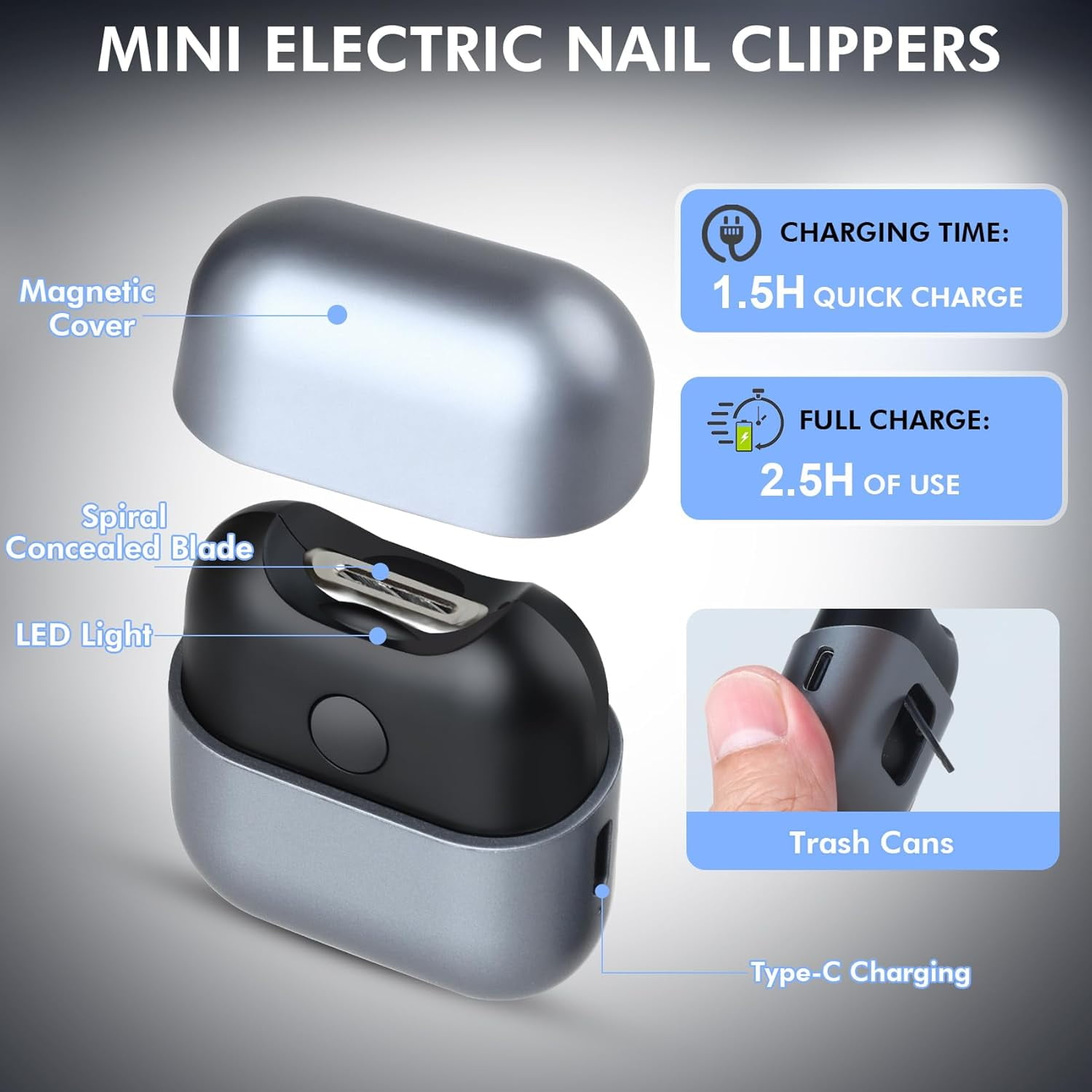 Mini Electric Nail Clipper with LED Light & Type-C Rechargeable, Featuring a 2-Speed Trimmer and Nail Scrap Storage for Babies, Children, Adults, Caregivers, and Seniors
