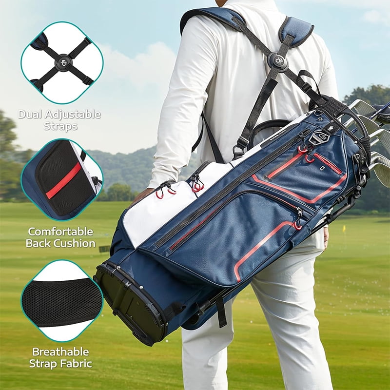 Stylish Golf Stand Bag, 14-Compartment Full-Length Stand/Cart Bag, Lightweight Design, Cross-Body Strap, Includes Rain Cover - Black/Gray/Blue