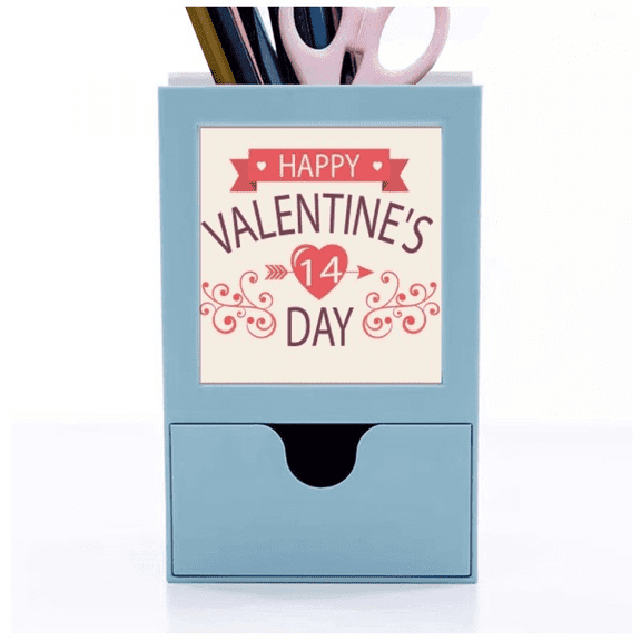 Red Happy Valentine's Day 14 Heart Arrow Desk Supplies Organizer Pen Holder Card