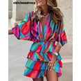 thumbnail image 2 of Autumn Summer Ruffled Dress Women Fashion Print Bat Sleeve V-neck Ruffled Mini Dress WomenM Gao Jinjia LED, 2 of 2