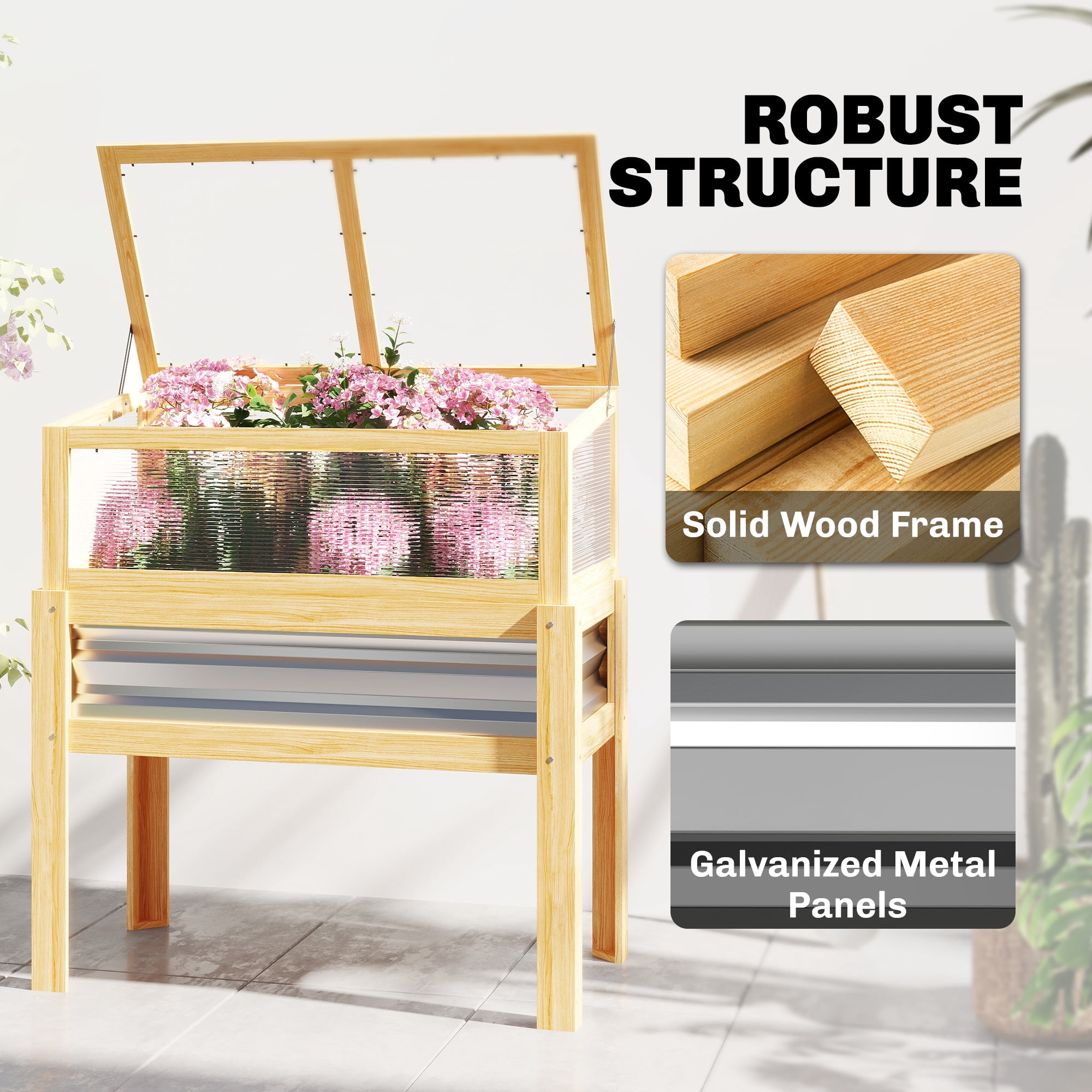 Outsunny Raised Garden Bed with Mini Greenhouse, Elevated Planter Box with Legs and Bed Liner for Flowers, Vegetables, Natural