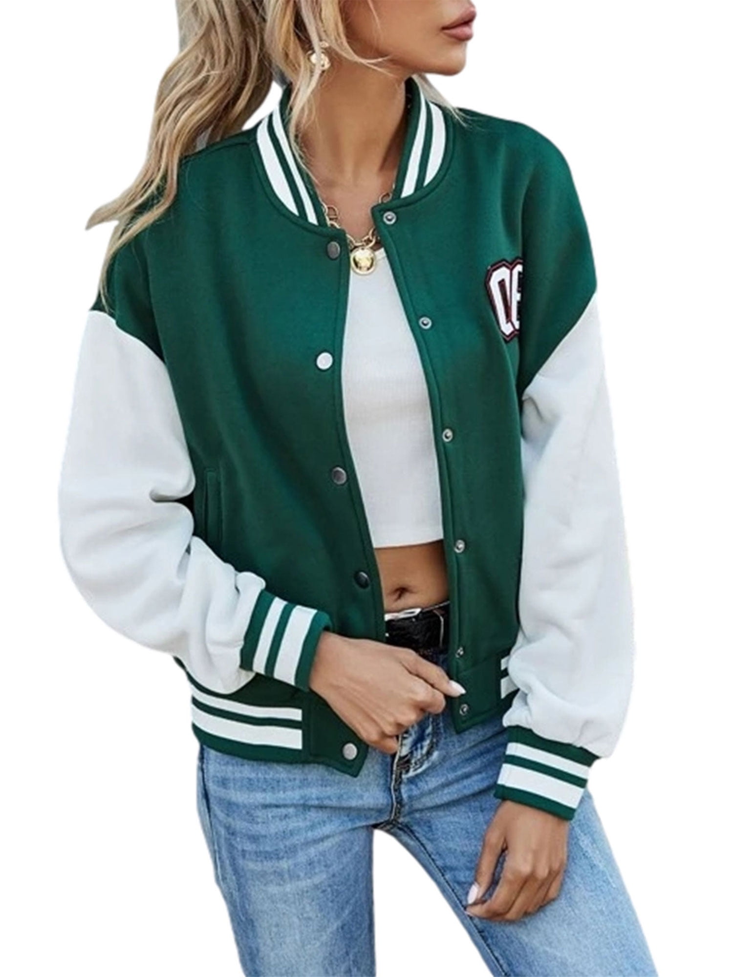 Ladies Casual Tops College Sports Workwear Long Sleeve Varsity Baseball Jacket 