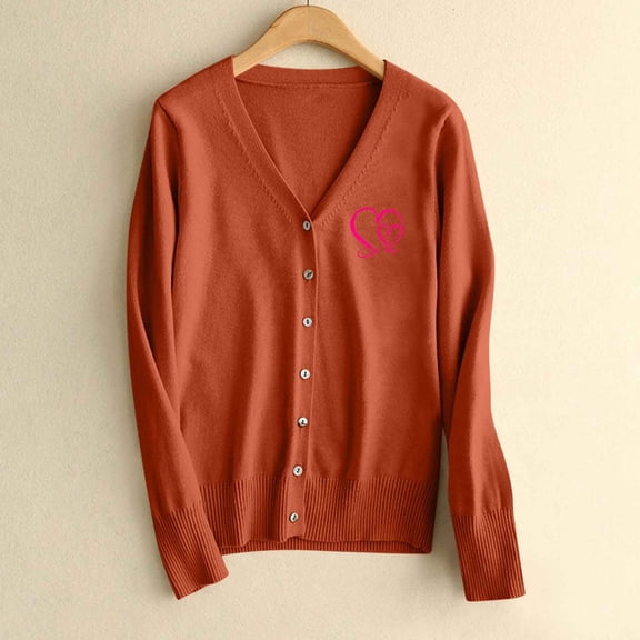 NTACZA Valentines Sweaters for Women Button Up V Neck Orange Sweater Cardigan Heart Printed Sweater Coat Women Jumpers L