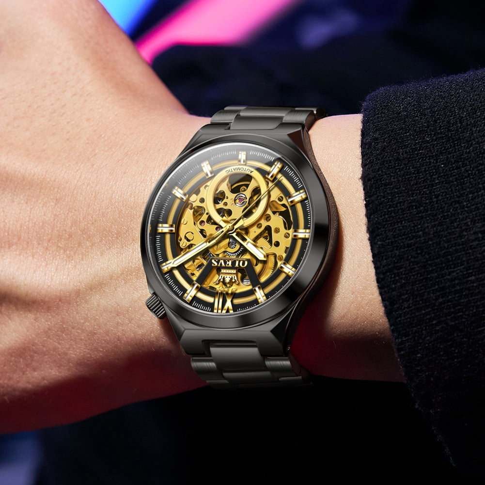 OLEVS Skeleton Watches for Men Luxury Dress Automatic Self Winding Mechanical Gold Plated Stainless Steel Waterproof Luminous Business Men Wrist Watch Reloj Para Hombre