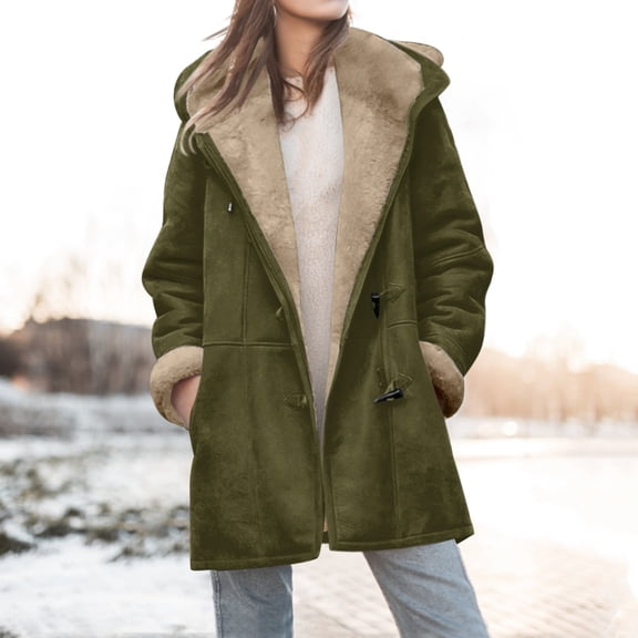 Women's Mid-Length Fleece Jacket, Plush Lined Hooded Coat, Unique Cone Button Design, Casual Winter Outerwear, Cold Weather Layer JN L