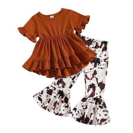 

Baby Girls Outfit Sets Ruffles Short Sleeve Tops Leopard Printed Flare Pants Outfits