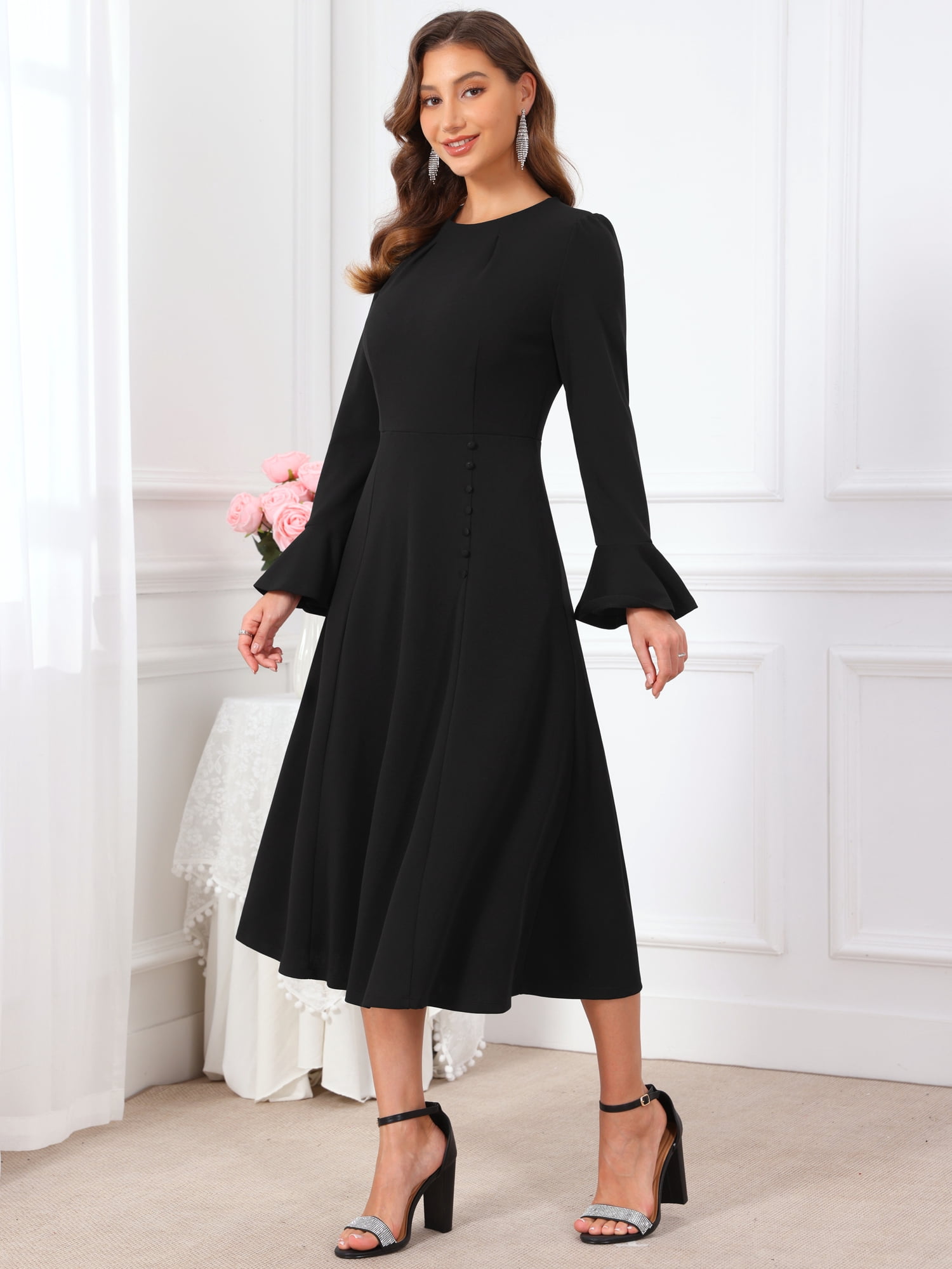 DARING DIVA Women's Formal Bell Sleeve Crewneck A-Line Pockets Dress S Black