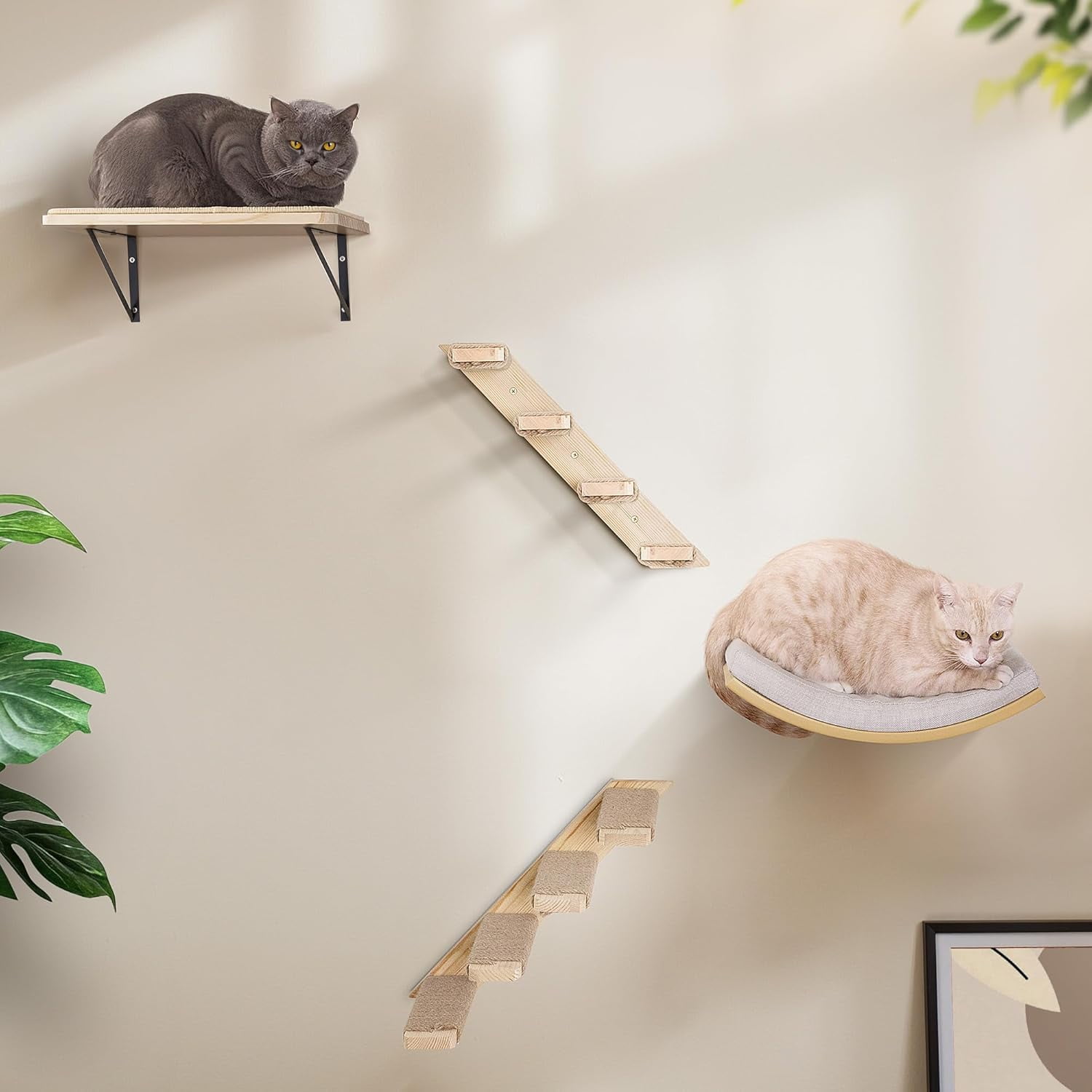 4-Piece Cats Wall Furniture with  Window Perch – Wood Wall Mounted  Shelves Set with Foam-Padded Curved Bed, Flat Perch & 4-Step Cats Stairs