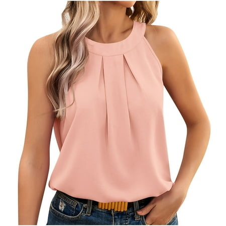 Mrat Backless Tank Tops Women s Summer Sleeveless Crew Neck Lace-Up Pleated Tops T-Shirt Tops Workout Tank Tops Women Built In Bra S-368 Pink-A L