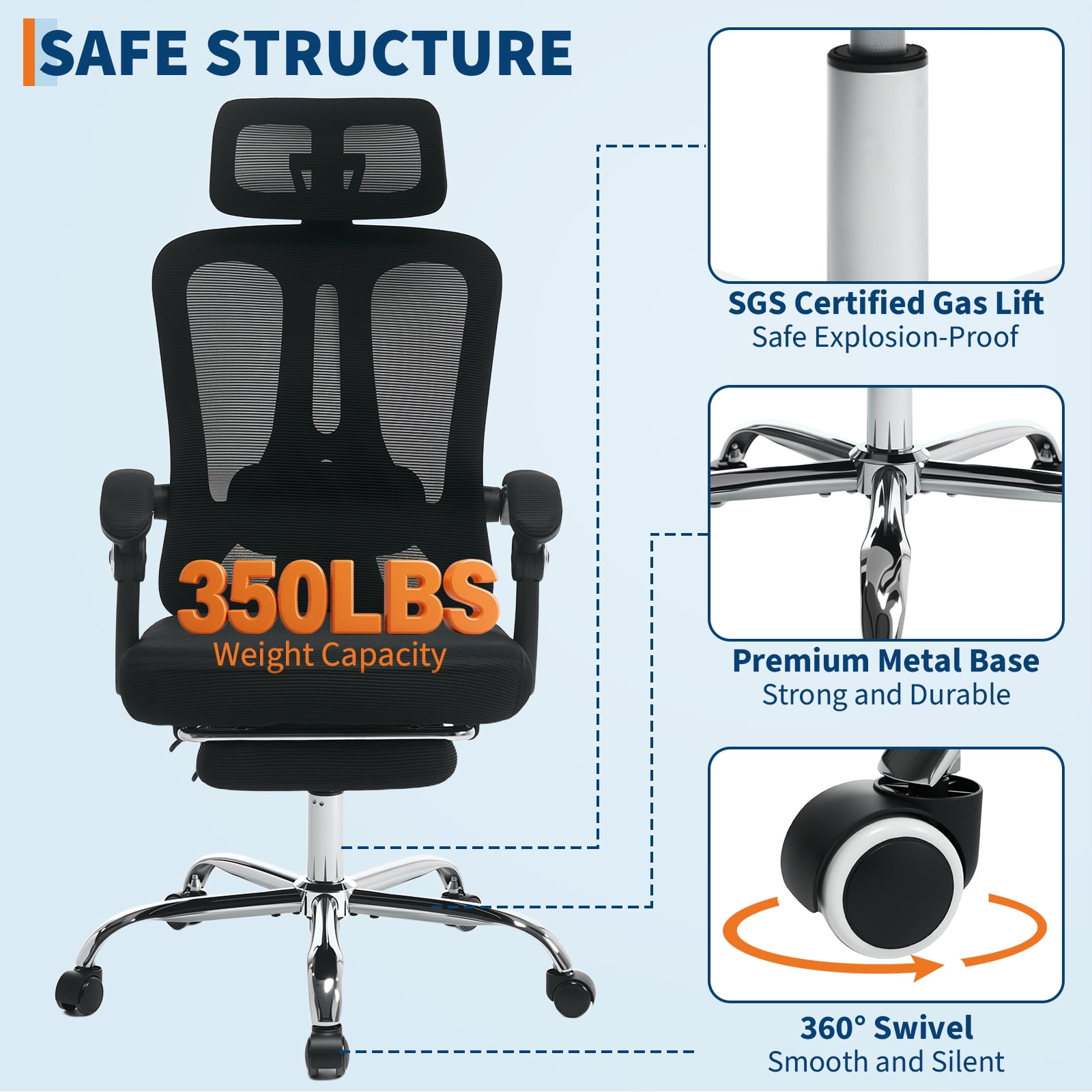 Ergonomic Office Chair with Footrest & Headrest – High Back Mesh Desk Chair, 90-140° Recline with Lock, 360° Swivel, Breathable Mesh for Home & Office – Heavy Duty for Men & Women