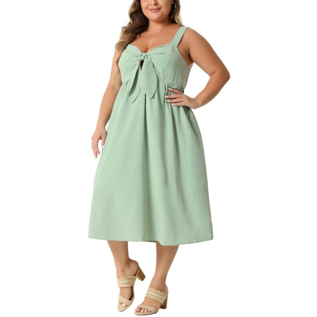GRACE & GRANDEUR Vestido Cami de Talla Grande para Mujeres, Vestido Midi Flowy de Primavera Verano con Lazo Bonito 1X Verde