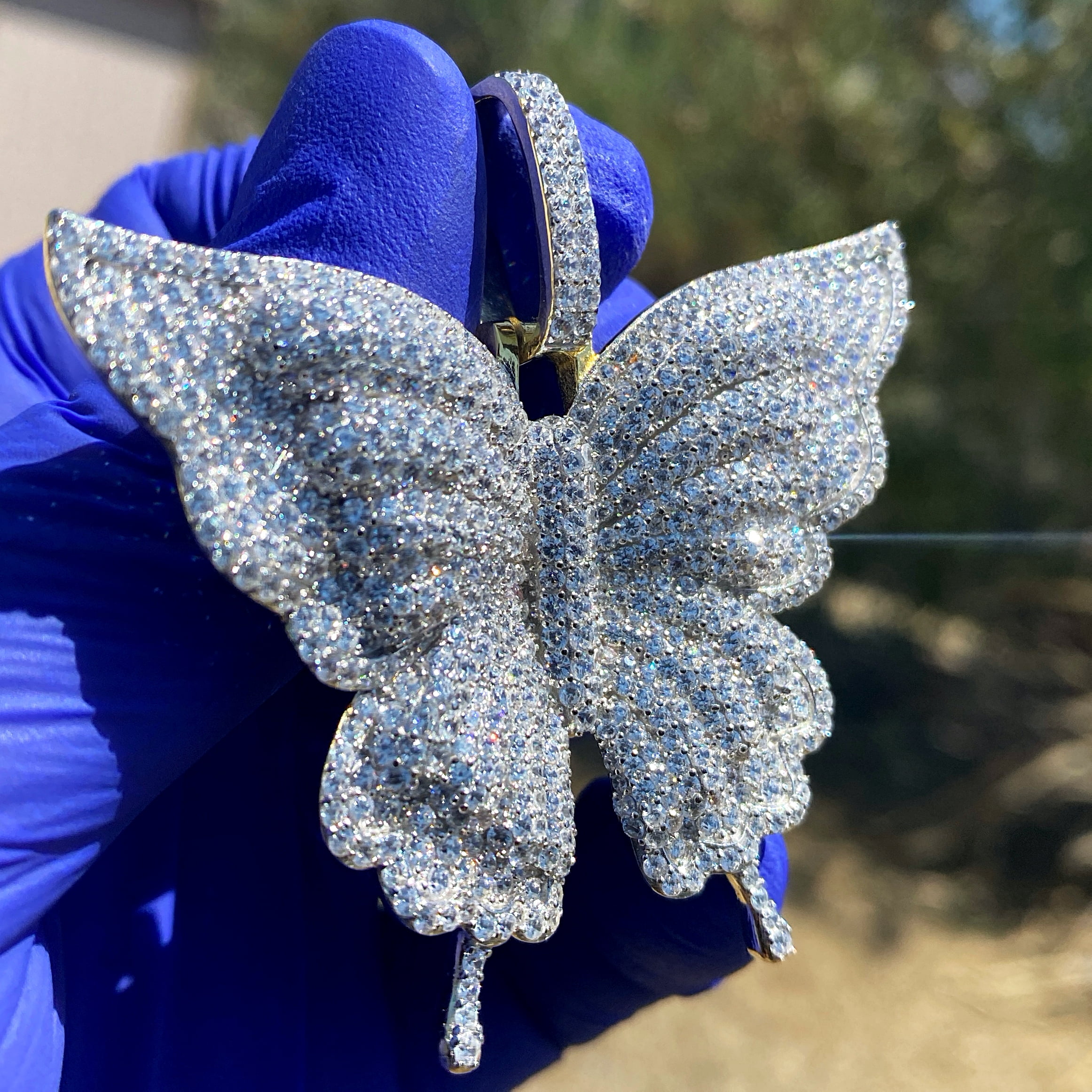 Real 925 Sterling Silver w/Gold Finish Flooded Micro Pave Iced Bling Butterfly Pendant Large 2.5" Inch
