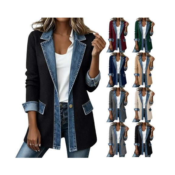 Womens Jean Jacket Patchwork Collared Single Button Down Denim Cardigan Long Sleeve Casual Front Jean Jackets Casual Daily Outerwear