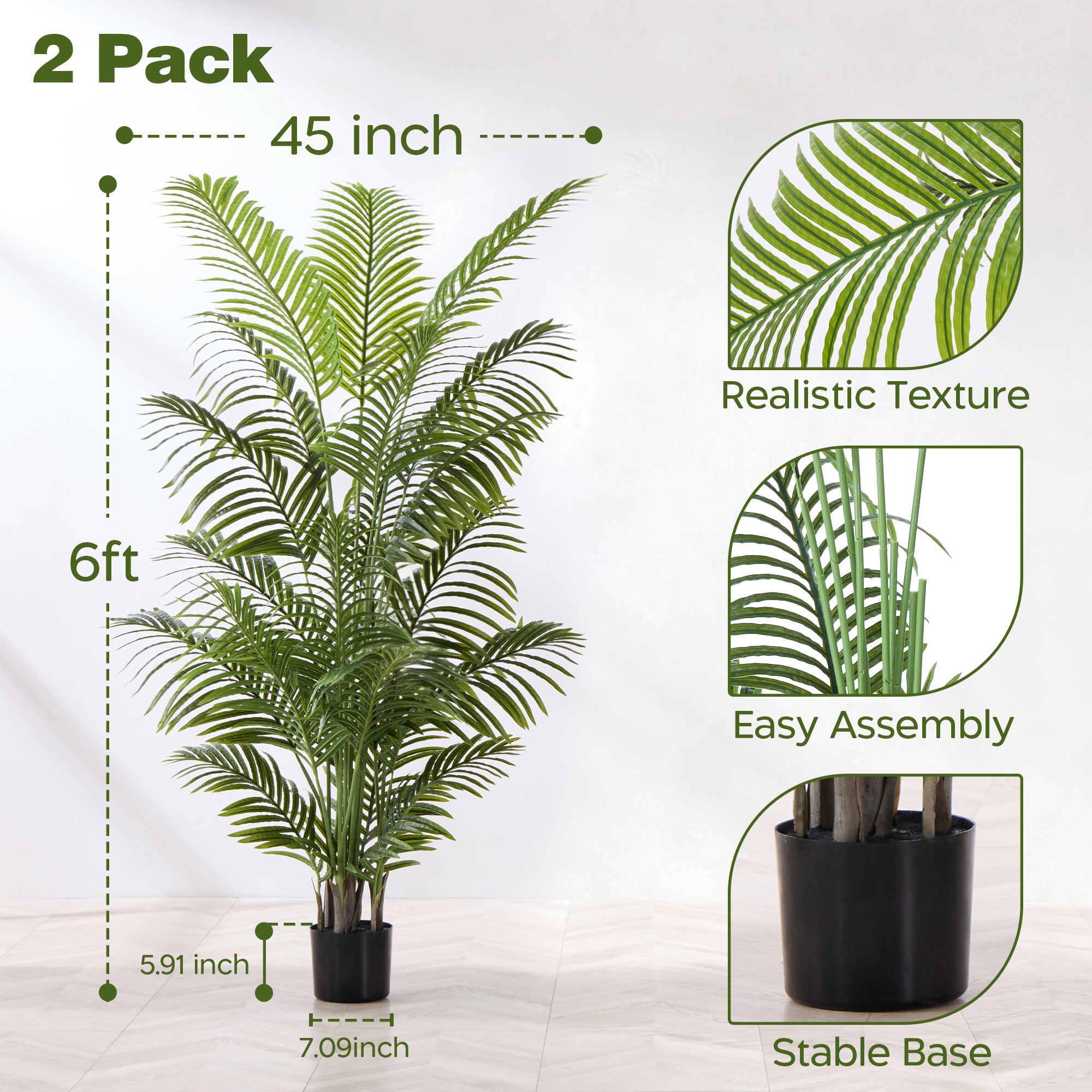 6ft Tall Artificial Areca Palm Tree (2-Pack) - UV Resistant Indoor/Outdoor Fake Potted Plant in Cement Pot, Realistic Tropical Decor for Patio, Living Room, Office