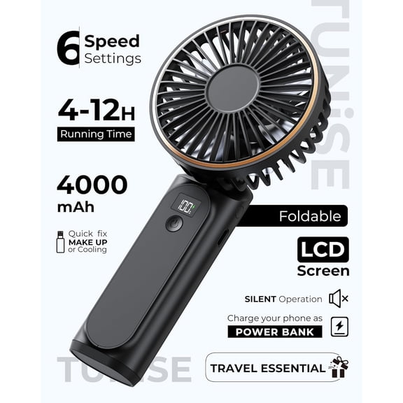 Portable Handheld Fan, 4000mAh, 180 Adjustable, 6 Speed Wind, USB Rechargeable Foldable Personal Fan