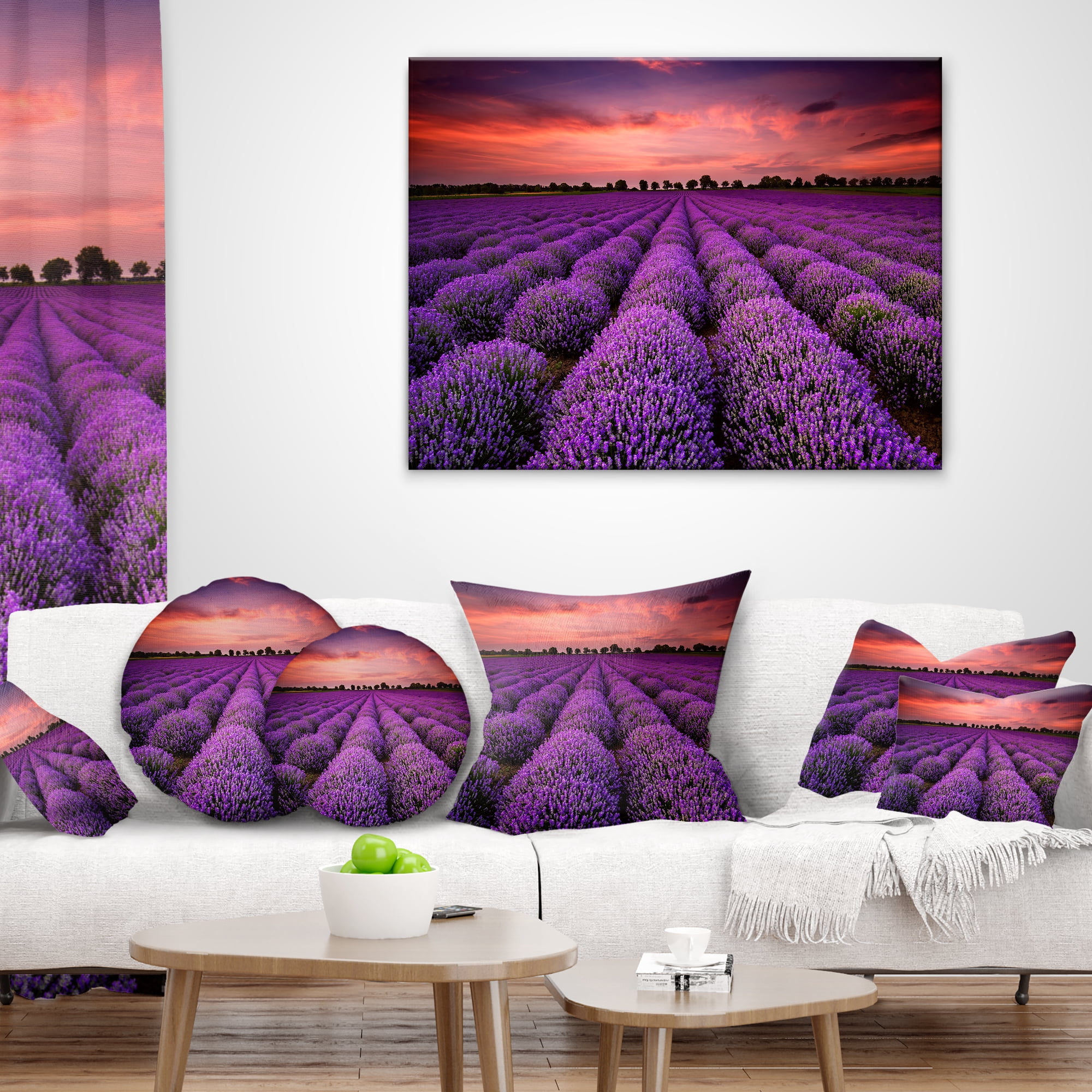 Designart Red Sunset Over Lavender Field - Landscape Printed Throw Pillow - 12x20
