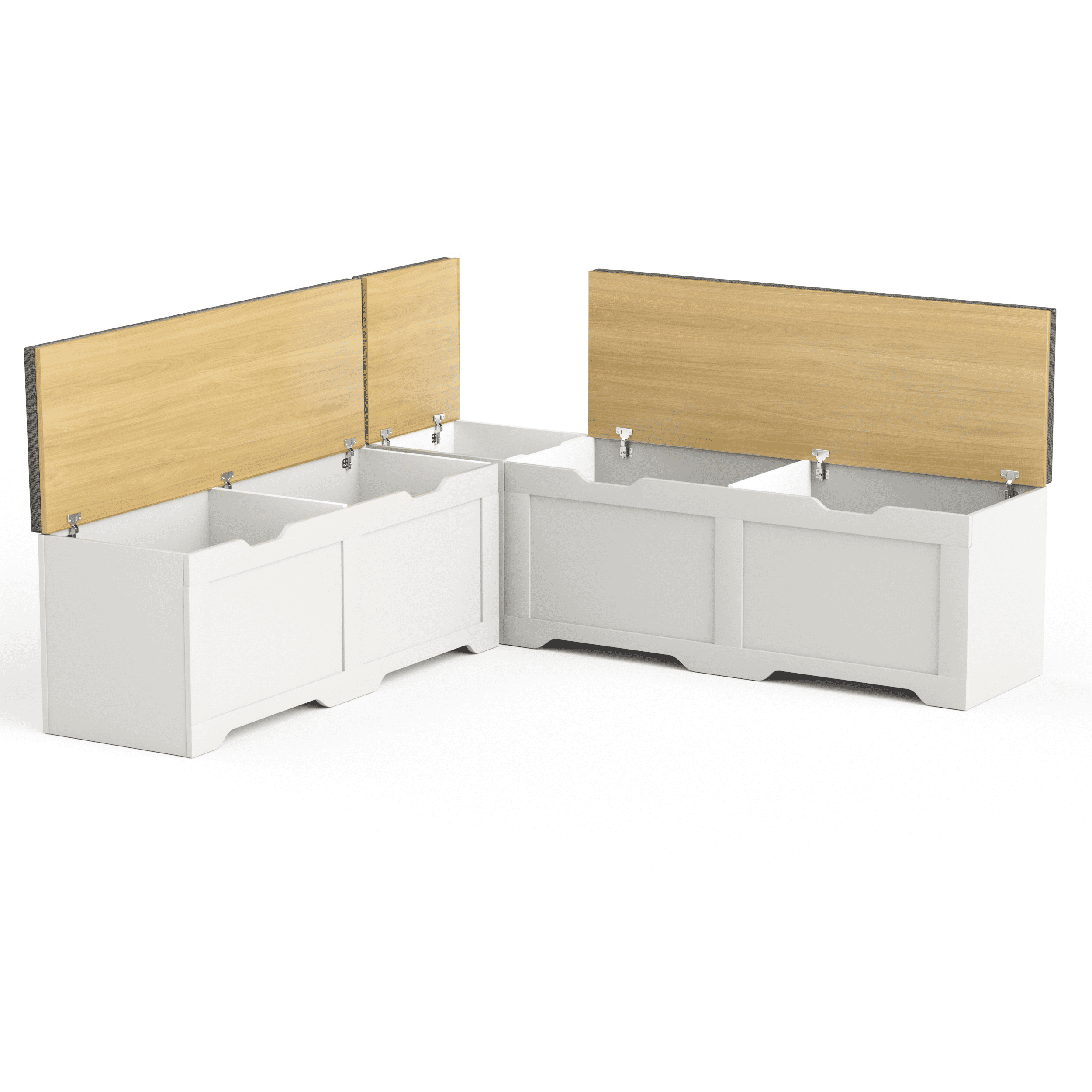 L-Shaped Storage Bench with Cushion, White and Natural, 63"D x 63"W x 19.1"H