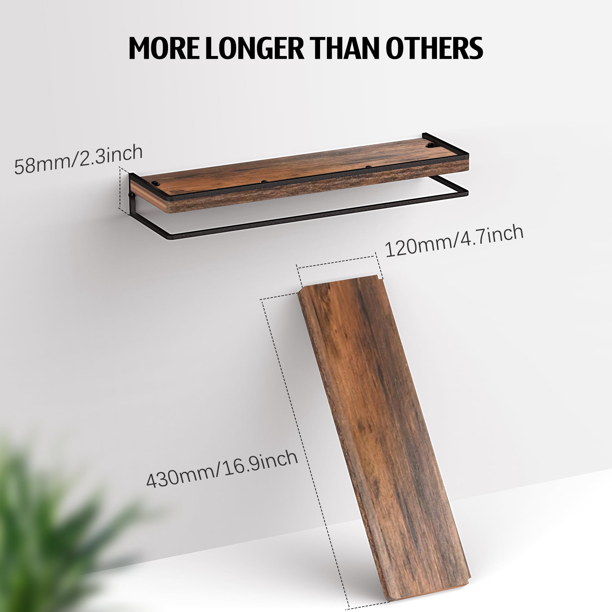 Meangood Floating Shelves Wall Mounted Set of 2, Rustic Wood Wall Storage Shelves for Bedroom, Living Room, Bathroom, Kitchen (Brown)