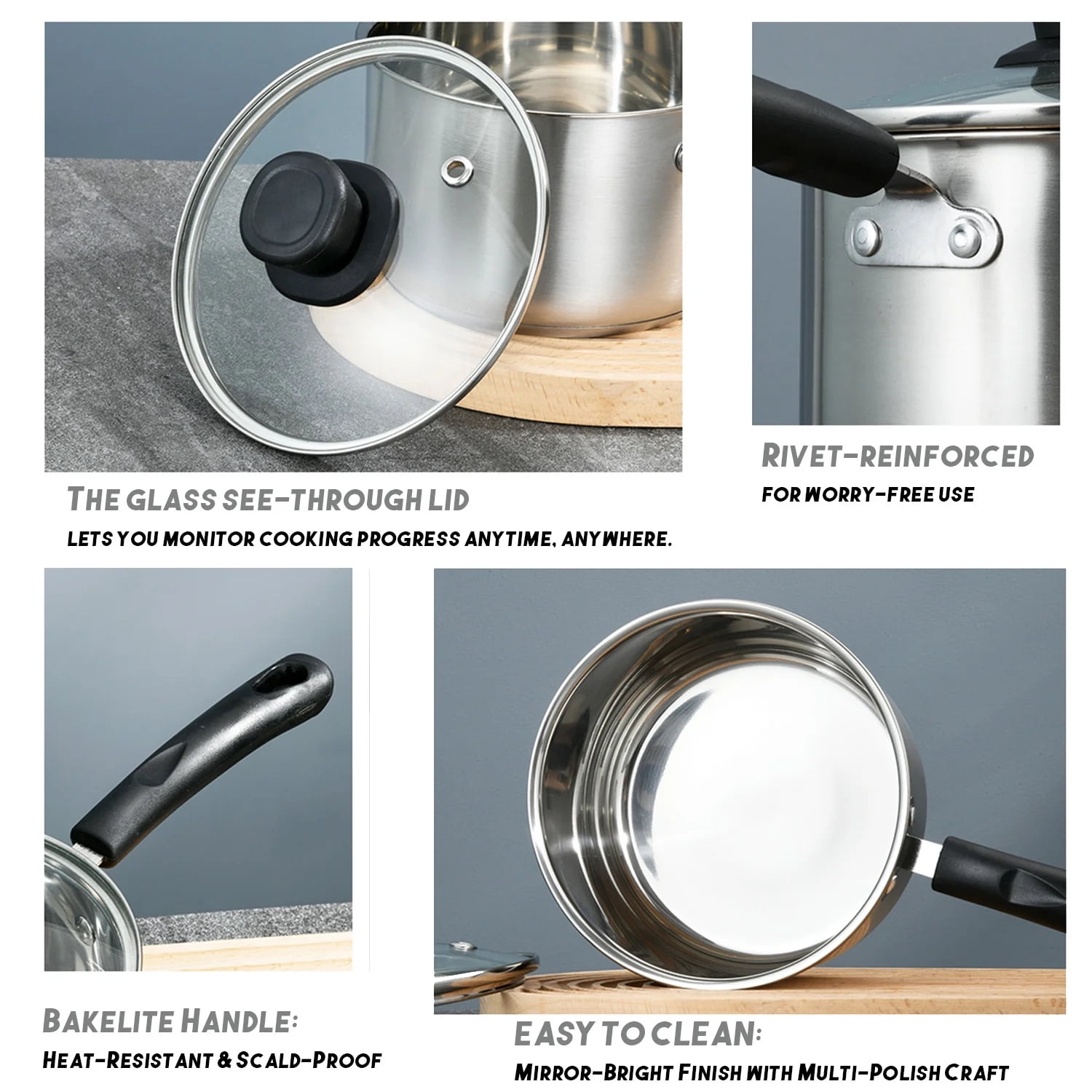 JOGGEIL Sauce Pan Set with Lids, 4 Piece Silver Stainless Steel Small Pot Set, Durable Cookware Multipurpose Stock Pots Set for Home Kitchen