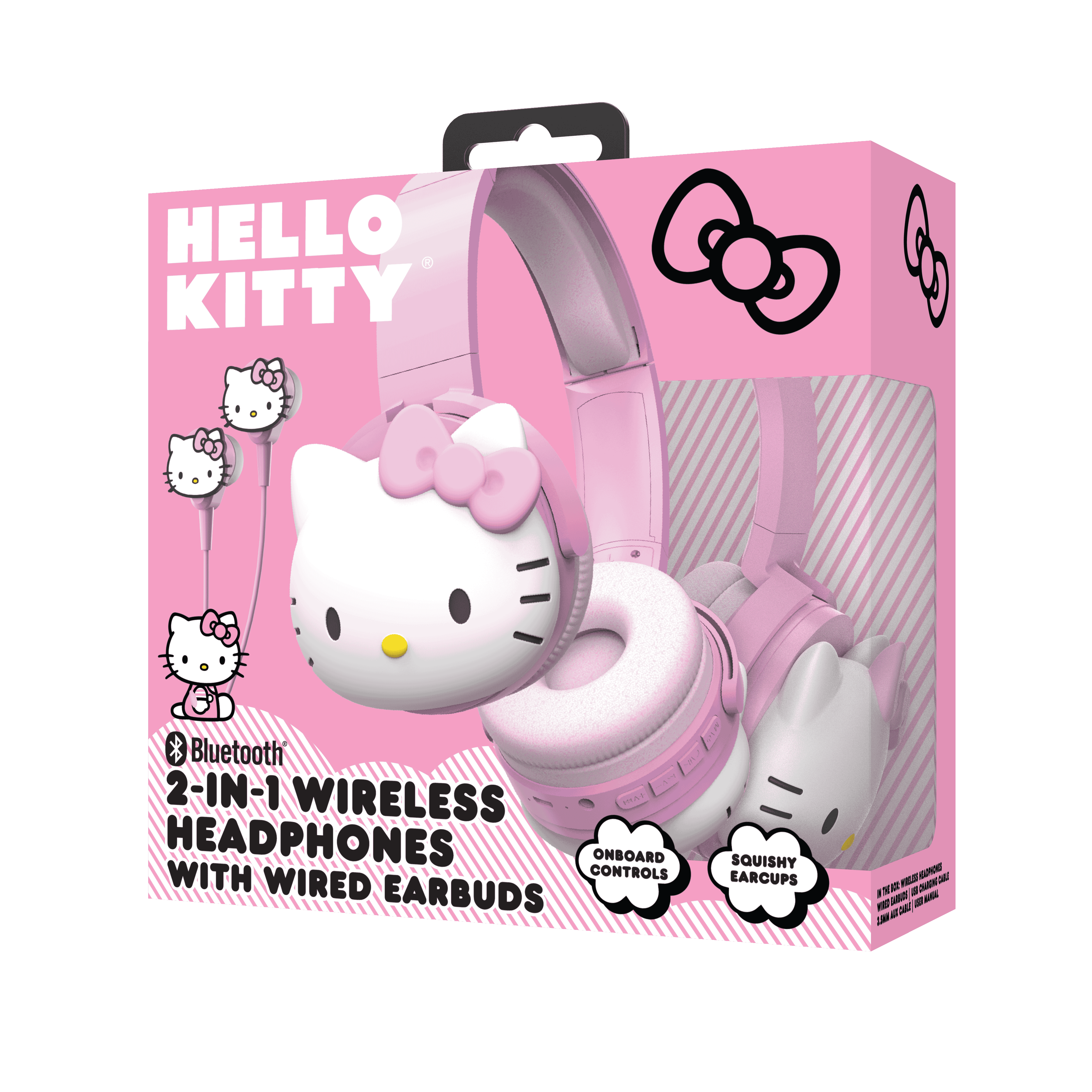 Hello Kitty 2-in-1 Wireless Bluetooth Headphones with Wired Earbuds - Foldable, Adjustable & Padded Headband, Onboard Controls, Squishy Ear Cups, Aux Cable Connectivity, Handsfree Calling