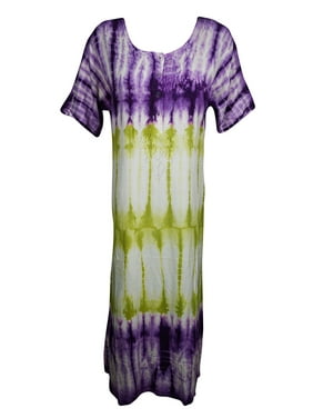 Mogul Womens Tie Dye Summer Dress Floral Embroidered Button Front Tie Back Beach Cover Up Short Sleeves Long Dresses