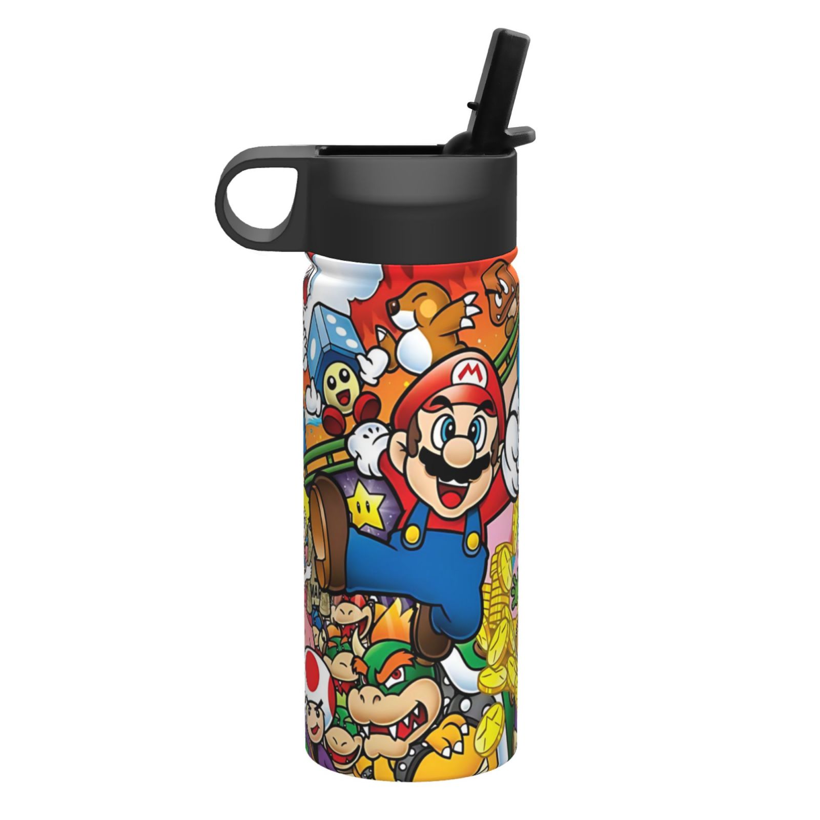 Super Mario Insulated Stainless Steel Wide Mouth Water Bottle With Flex Straw Lid For Kids Sports School And Travel 18oz Cute Thermos Reusable Leak Proof