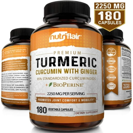 Turmeric Curcumin with Ginger & BioPerine Black Pepper Supplement 2250mg, 180 CAPSULES - Anti-Inflammatory, Antioxidant, Anti Aging - 100% Natural, Non-GMO, Vegan Best Maximum Potency, No Side