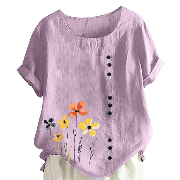LMKIHUSA Linen Cotton Tops for Women Petite Crew Neck Buttons Tops Boho Floral Print Tunic Tees Roll Up Short Sleeve Blouses Purple,S