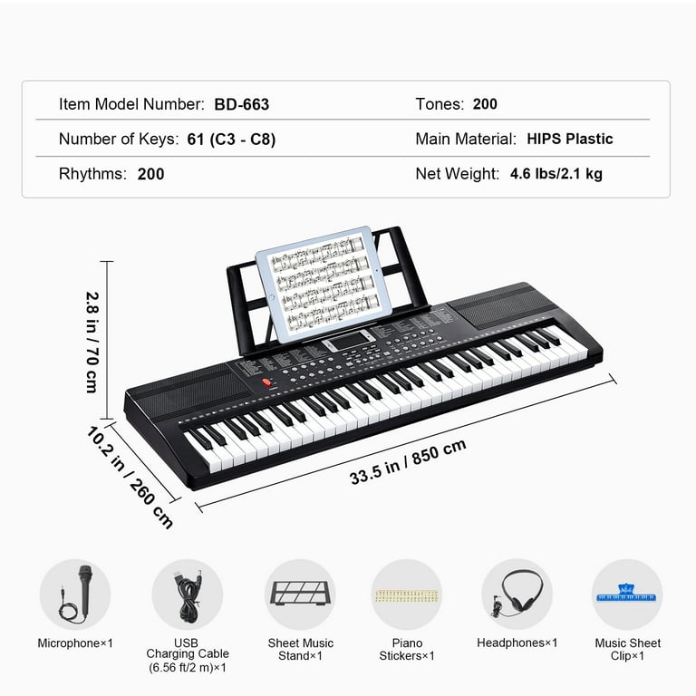 KFFKFF 61-Key Electric Keyboard, Featuring 200 Unique Sounds and 