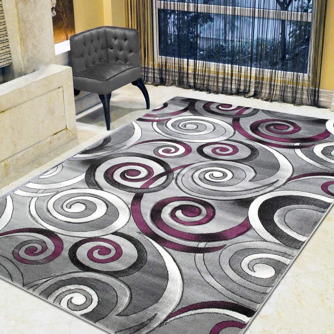 Spiral/Swirls Modern Contemporary Hand Carved Area Rug-Silver/Purple ...