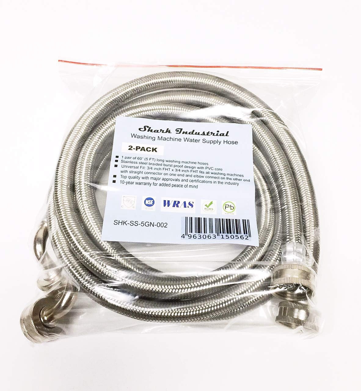 2-Pack Premium Stainless Steel Washing Machine Hoses - 5 FT No-Lead Burst Proof Water Inlet Supply Lines - Universal 90 Degree Elbow Connection