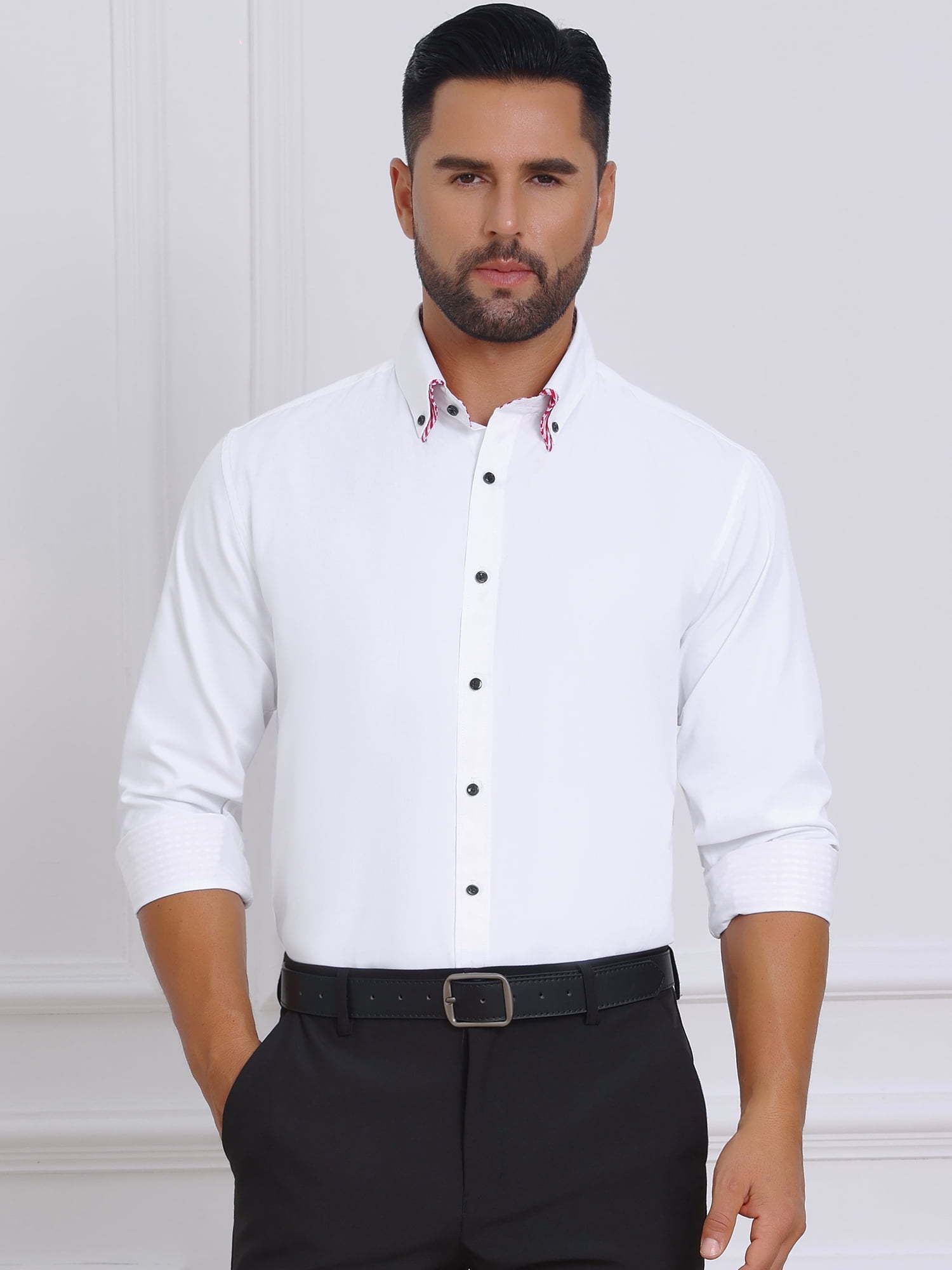 DARING DIVA Men's Contrasting Color Collar Long Sleeve Button Down Shirts S White