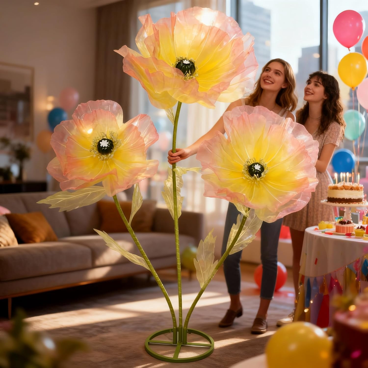 Silk Artificial Flowers, Tall Decorative Faux Stems for Home Decor, Wedding Centerpieces, Living Room Styling, Table Arrangements & Event Decorations (Yellow-Pink)