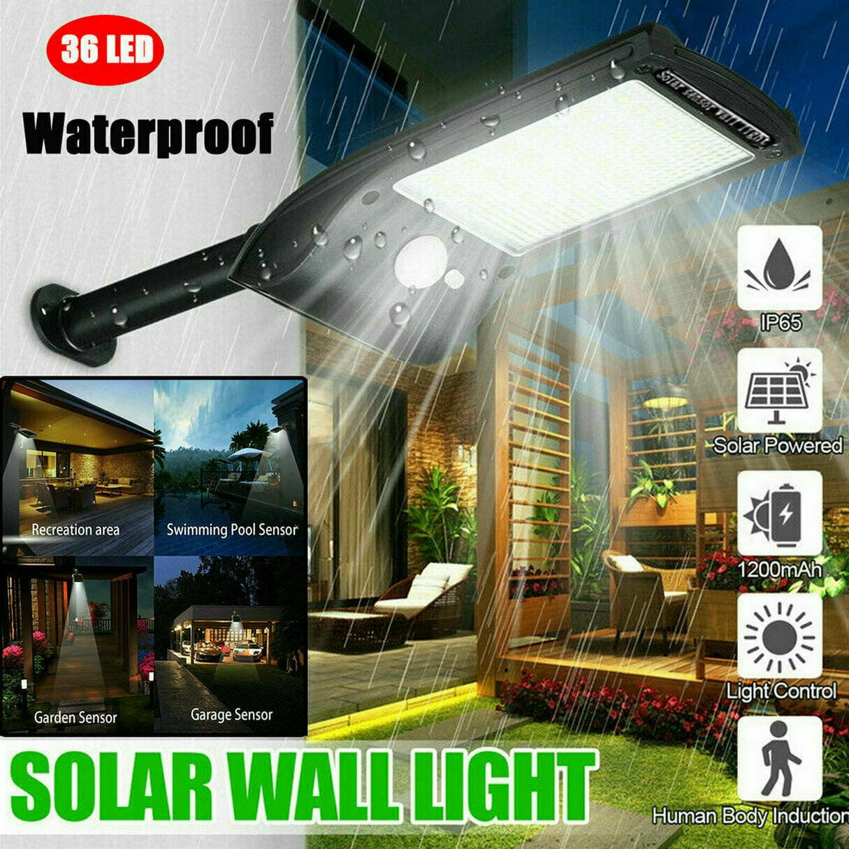 Solar Powered Lamp PIR Motion 36 LED Sensor Wall Light Outdoor Garden Waterproof 