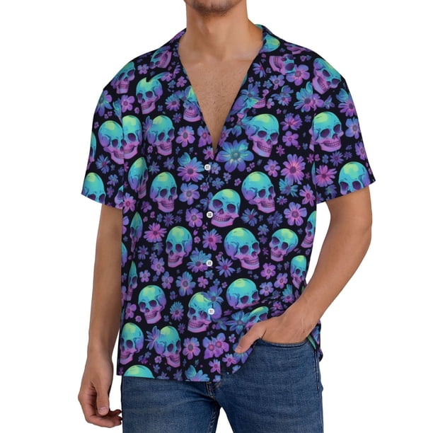 Fotbe Skull daisy Gradient Camisa Estampada de Manga Corta para Hombre, Casual de Verano, Estilo Playero, Sin Arrugas-Large