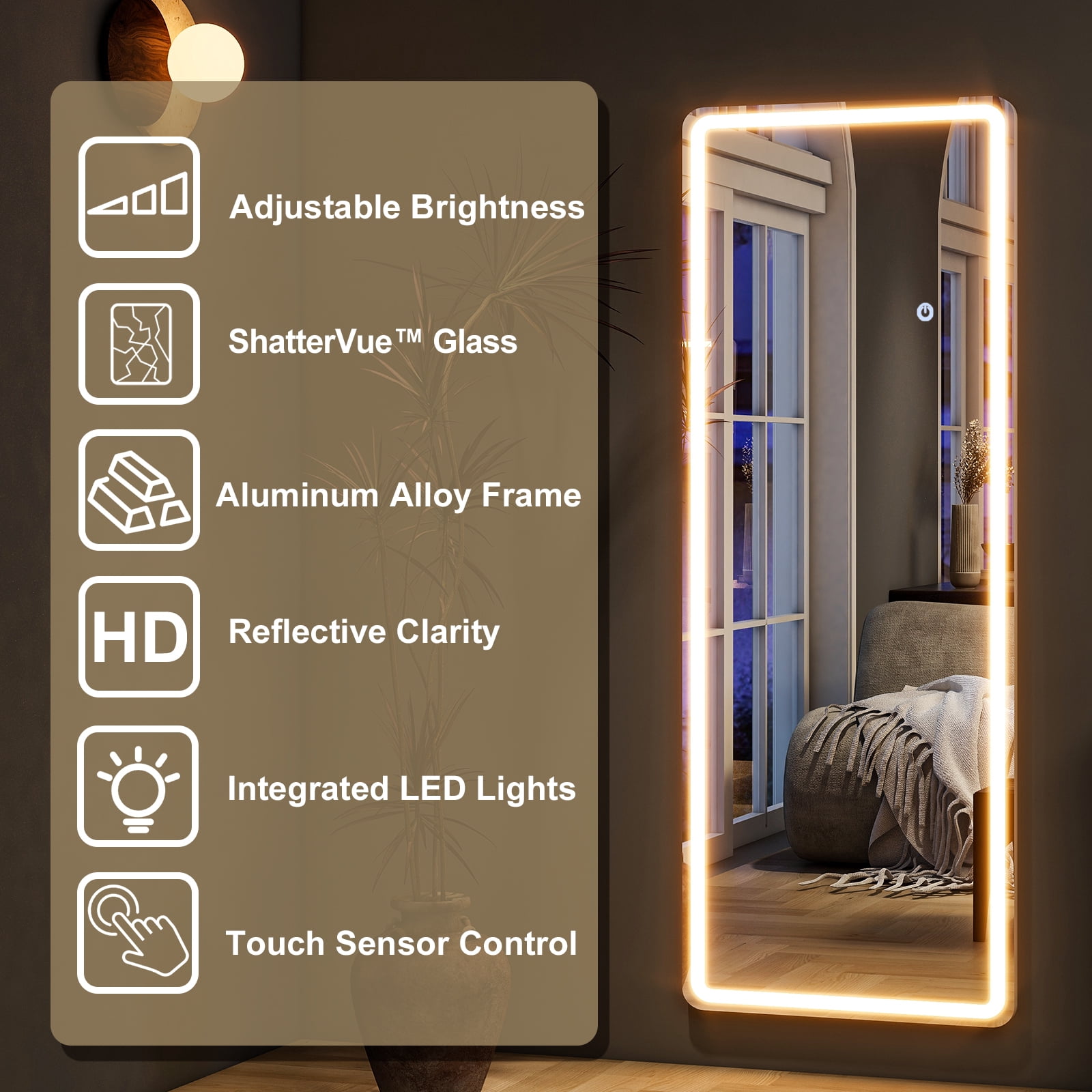 BEAUTYPEAK 60" x 16" LED Rectangular Full Length Mirror Standing Floor Mirror with Safe Corners,White
