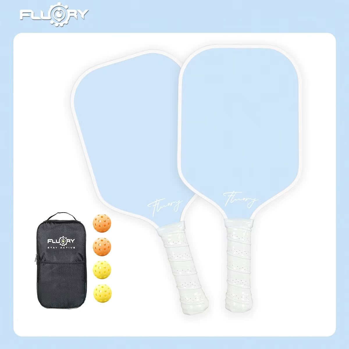 Fluory Glass Fibre Pickleball Paddles Set, 2 Pickle Ball Rackets with 4 Balls and A Bag, Lightweight