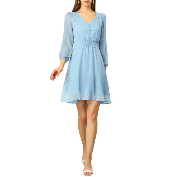 DARING DIVA Chiffon Spring V Neck 3/4 Sleeve Flowy A-line Dress S Blue