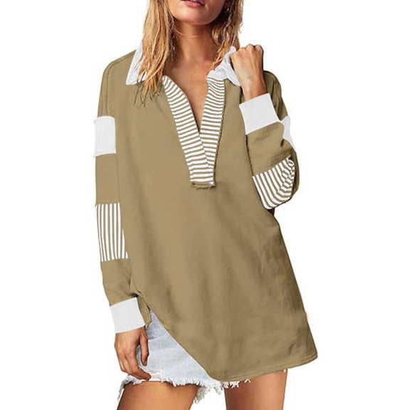 GaThRRgYP Spring Tops for Women,Womens Tops Plus Size,Womens Color Block Stripe Oversized Sweatshirts V Neck Long Sleeve Casual Loose Pullover Tops Khaki M