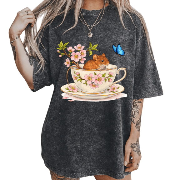 Black Washed Whimsical Mouse In Teacup S-2XL Print Tshirt Graphic Tees Shirts Spring Floral Fashion Tops
