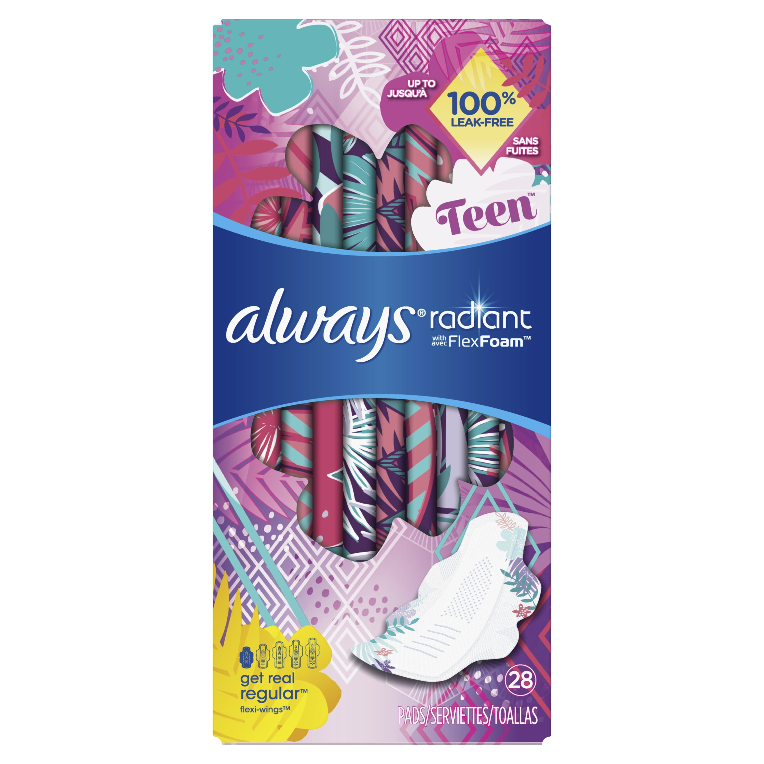 Always Radiant Teen, Regular Pads with Wings, Unscented, 28 Ct