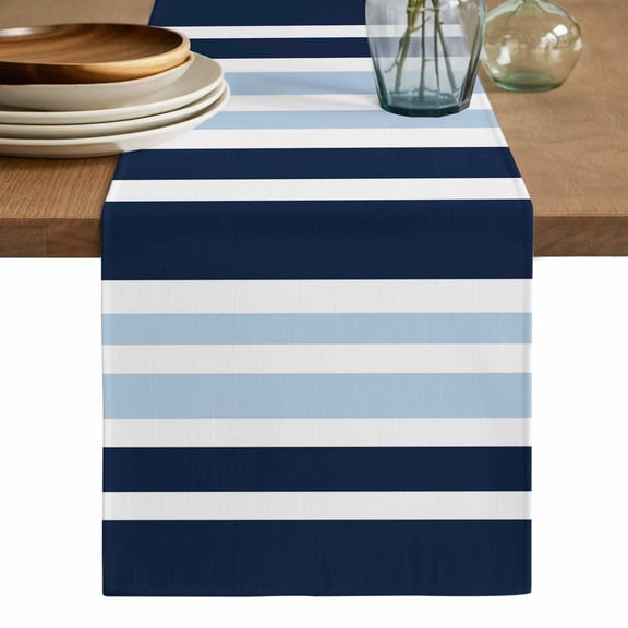 Navy Blue Table Runner, Modern White Geometric Vertical Stripes Washable Cotton Linen Table Runners 90 Inches Long, Dresser Scarf Runner for Dining/Coffee/Kitchen/Hallway Tables 13''x90''