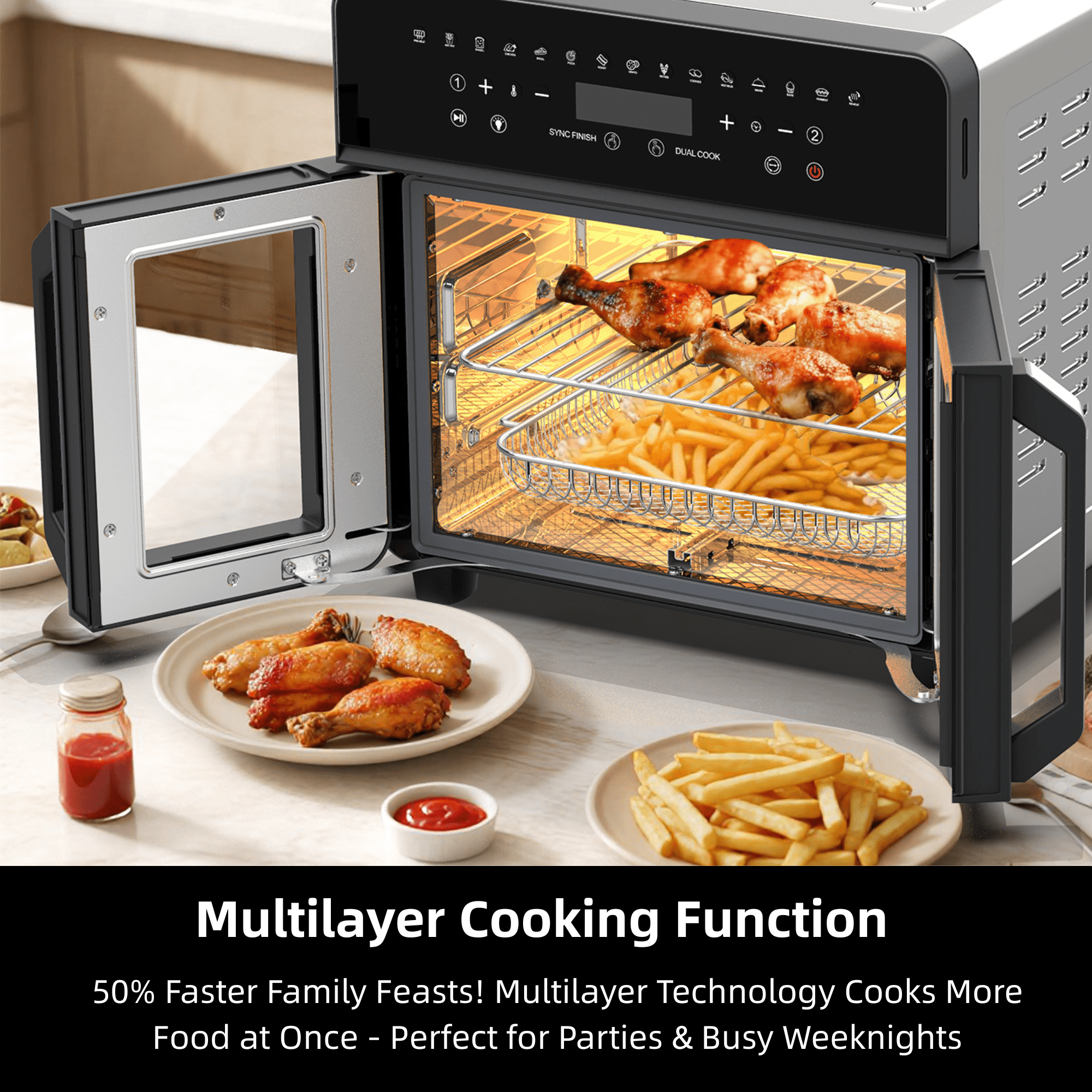 Air Fryer Toaster Oven Combo, 24 QT Fench Door Countertop Toaster Oven, 360 Degree Air Flow, 15 Cooking Functions, Digital Controls, 13 Accessories Included, Non-toxic Food Grade Stainless Steel