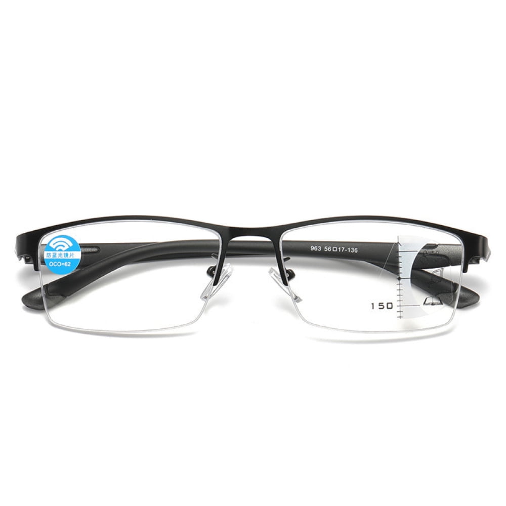 Men Black Frame Progressive Reading Glasses 2.00, Metal Rectangle Half Rimless Business Multifocus Readers +2.00 Strength (Not Photochromic)