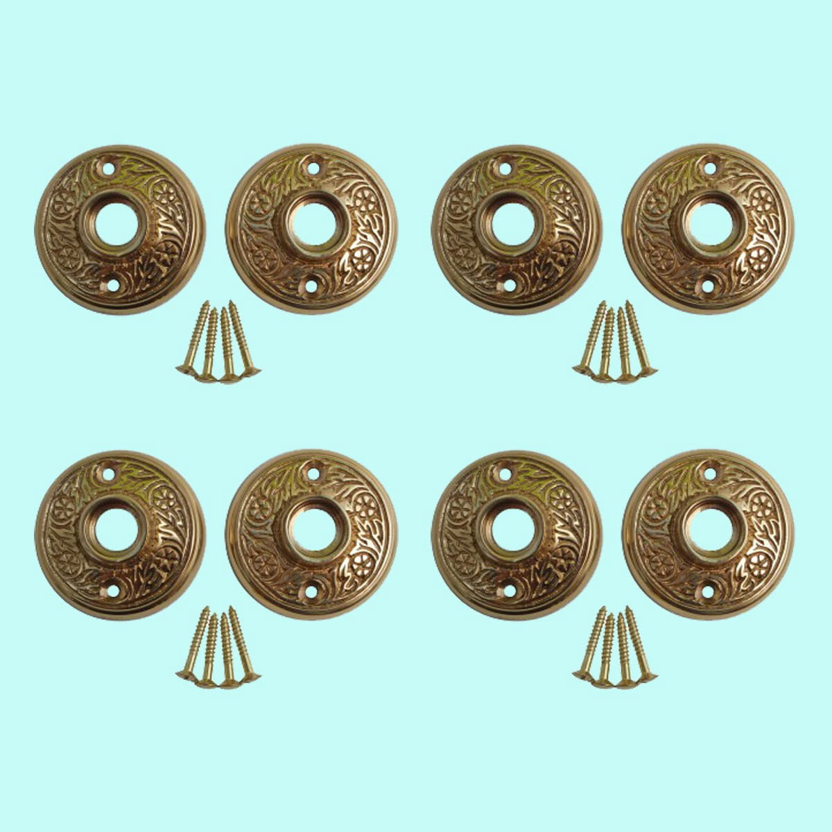 Brass Victorian Door Knob Rossettes Pair 2" W Backplate Traditional Kitchen Cabinet Knob Back Plate Hardware Roses w/Screws Renovators Supply Pack of 4