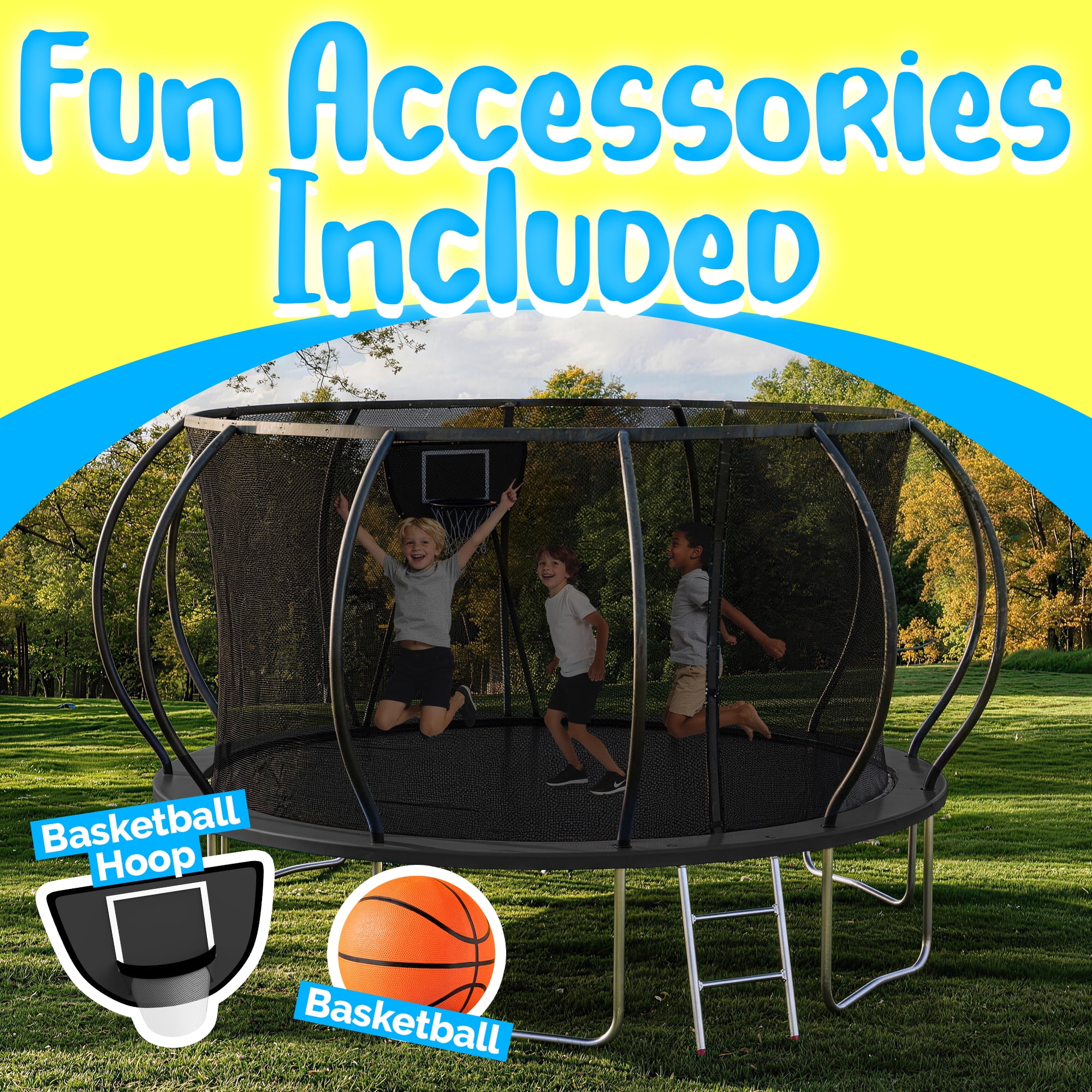YORIN Trampolines Outdoor, 1200LBS 12FT Trampoline for Kids and Adults, Backyard Heavy Duty Trampoline with Enclosure Net, Basketball Hoop, Ladder, Birthday Gift