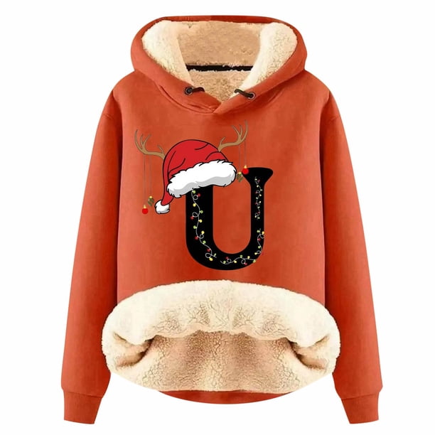 WILLBEST Sudadera de Mujer con Estampado de Letras Navideñas, Sudadera con Capucha de Lana Gruesa, Cálida para Invierno, Estilo Pullover Mediana
